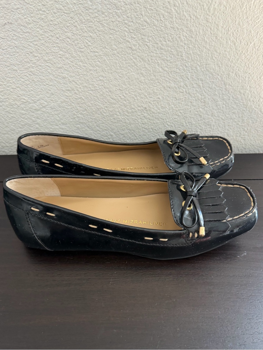Isaac Mizrahi Black Patent Loafers with Black and gold Bow Accent -